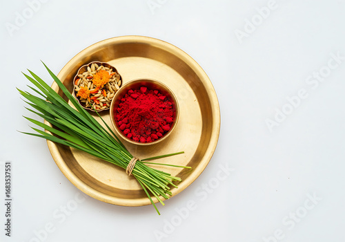 Dashain Festival Essentials with Jamara, Tika, and Sindoor on Brass Plate