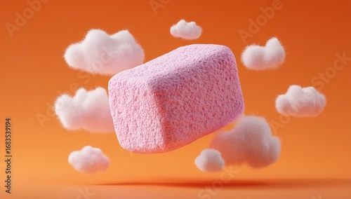 Pink cube candy floats amid fluffy clouds on an orange background