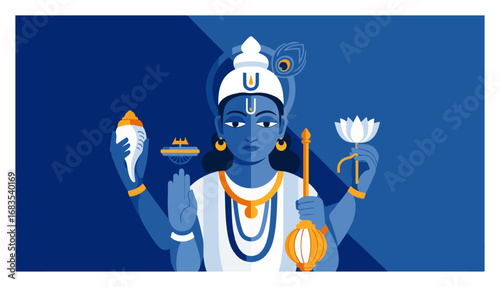 Hindu god Vishnu with his attributes vector illustration
