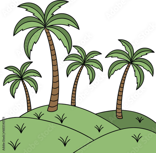 Vector art of a group of palm trees on rolling green hills, with a