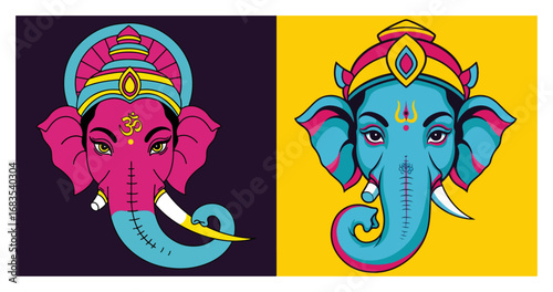 Two heads of Lord Ganesha in a modern pop art style vector
