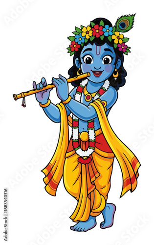 Cute little lord Krishna playing the flute cartoon