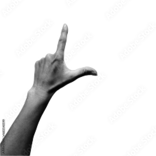 Human hand showing L sign with fingers. Black and white gesture isolated on transparent background. Perfect for alphabet, sign language, symbol, collage, poster and graphic design. Vector