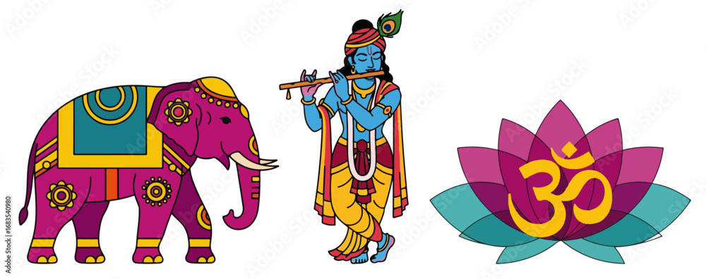 Fototapeta premium Indian culture symbols elephant Krishna lotus Om vector illustration