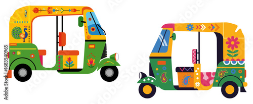 Colorful Indian auto rickshaw tuk tuk set vector illustration