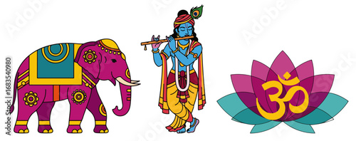 Indian culture symbols elephant Krishna lotus Om vector illustration