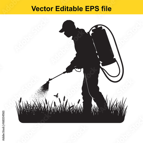 Silhouette of a person spraying pesticides on grass isolated on white background