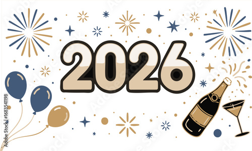 Celebrate the arrival of 2026 with festive balloons, champagne, and fireworks