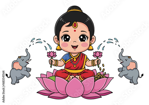 Cute cartoon of goddess Lakshmi sitting on a lotus flower