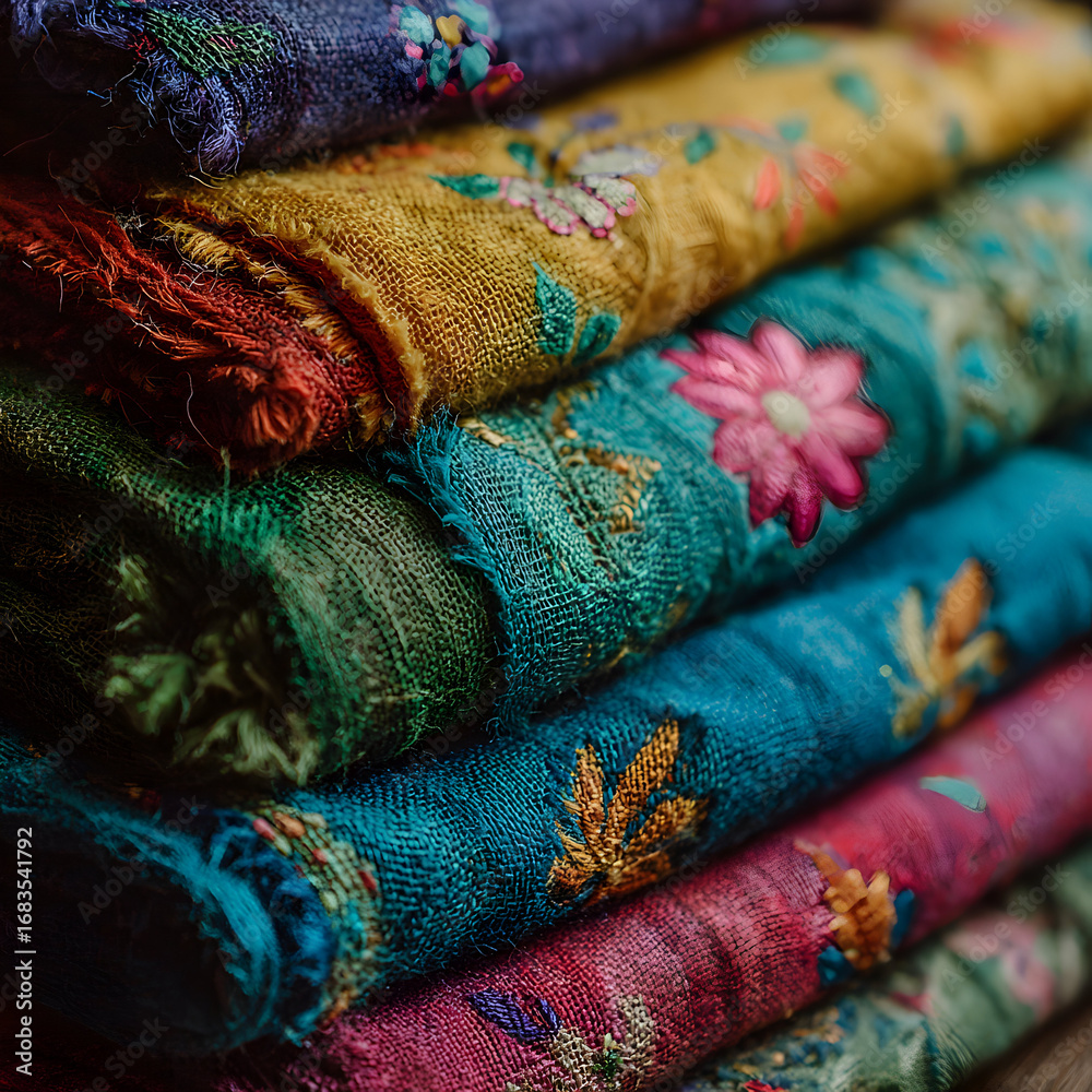 Fototapeta premium A stack of folded embroidered fabrics in various colors.