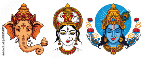 Set of Hindu deities faces Ganesha Lakshmi and Krishna
