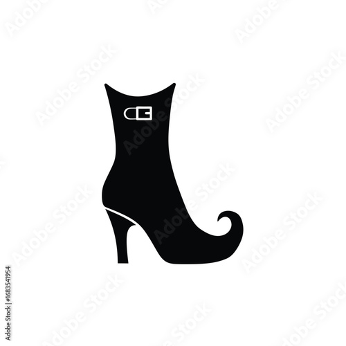Black witch boot icon with buckle shoe