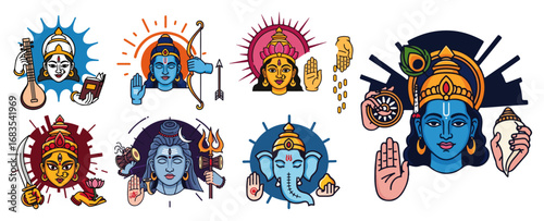 Collection of various Hindu deities vector icons