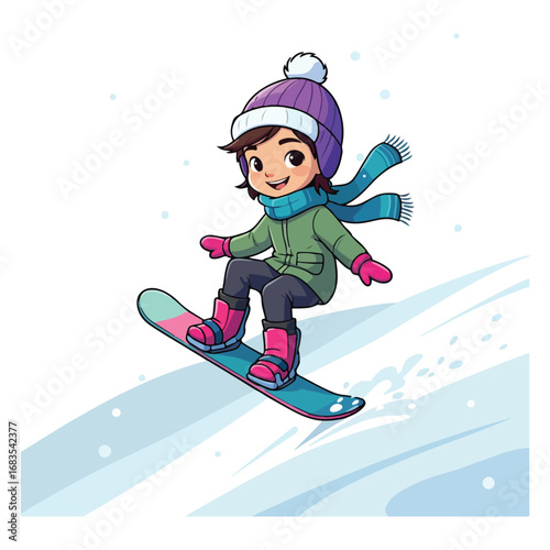 A female snowboarder in colorful winter clothing jumps with her board against a backdrop of snowy mountains and a bright sky, capturing the exhilarating action and fun of extreme sports
