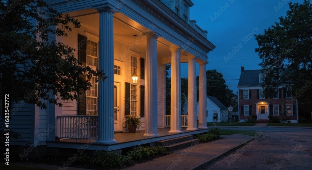 Fototapeta premium A stately white house with columns and porch, bathed in twilight