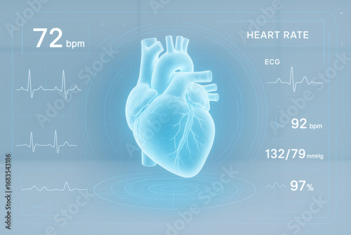 Human Heart Medical Illustration, Heart Rate ECG, Vital Signs Display [Illustration]