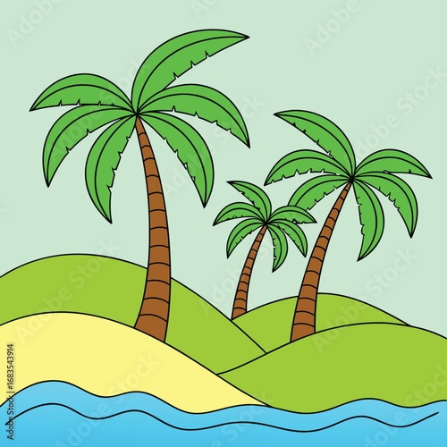 Vector art of three stylized palm trees on a tropical island with a sandy beach and blue ocean waves under a light green sky