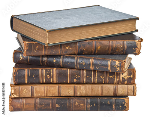 A pile of various old books, some with worn spines, isolated on a white background with a soft shadow