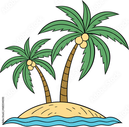 Vector art of cartoon illustration of two palm trees with coconuts on a small sandy island surrounded by blue water