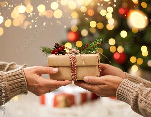 Hands exchange a wrapped gift box amidst warm holiday lights, showcasing a festive and generous spirit.