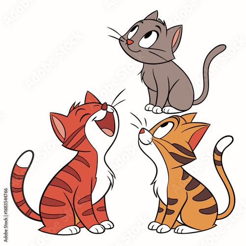 A charming trio of colorful cartoon kittens looking up with joyful expressions, a cute and playful group of feline friends