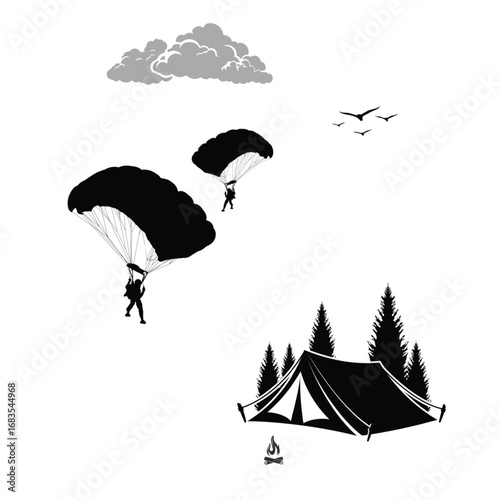 Parachuting and Forest Camping Silhouette – Outdoor Adventure & Wilderness Escape Vector