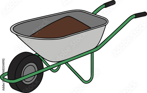 Vector art of a simple illustration of a wheelbarrow filled with soil, commonly used for gardening and construction tasks