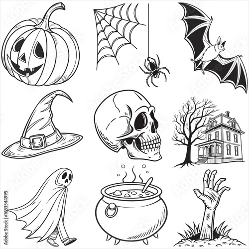 Halloween Vector Illustration Set – Pumpkin, Skull, Haunted House, Witch Hat, Ghost, Spider, Bat