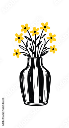 Black and white striped vase with yellow wildflowers in a simple illustration