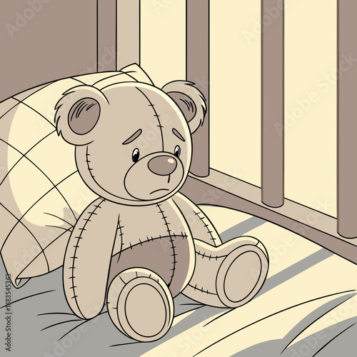 A teddy bear sits alone on a bed near a window with a sorrowful expression in a quiet room
