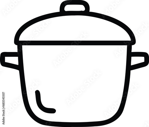 Minimalist black outline icon of a cooking pot with two side handles and a lid, simple line drawing, no background.