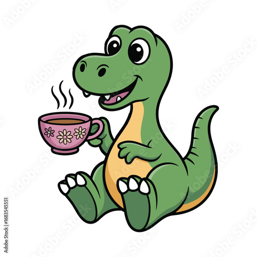 Adorable green cartoon dinosaur happily sips hot coffee from a pink teacup