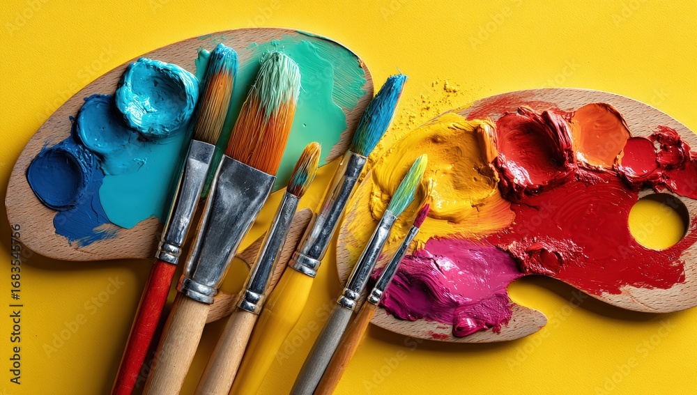 Obraz premium Colorful paintbrushes and palettes on a yellow background