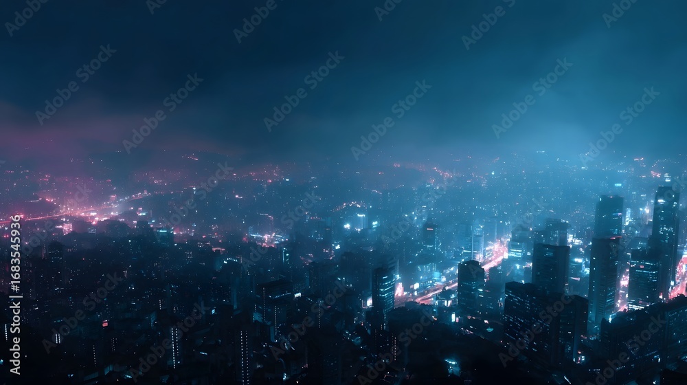 Obraz premium A breathtaking aerial view of a vibrant futuristic cityscape at night illuminated by glowing blue and pink neon lights under a hazy sky depicting a
