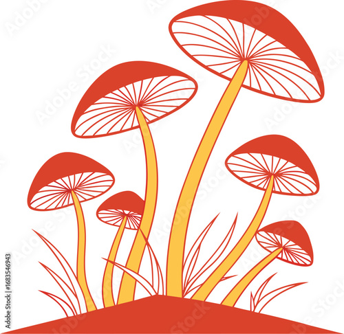 Vector art of a cluster of stylized red and yellow mushrooms with thin stems and wide caps, growing from a red ground with grass