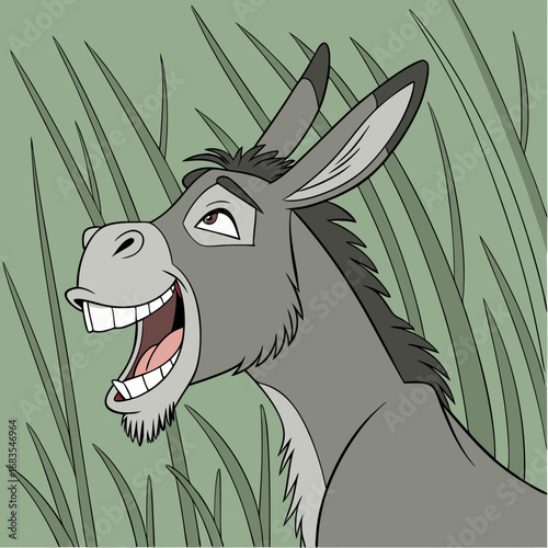 Joyful Donkey illustration with a wide grin and expressive eyes, set against a backdrop of tall green grass