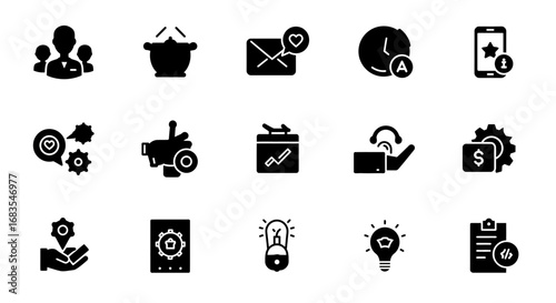 Collection of black and white business icons, showing various concepts like teamwork, communication, finance, and innovation.