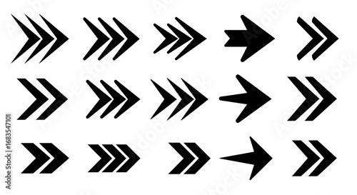 Collection of various black arrow icons, pointing right, different styles and thicknesses.