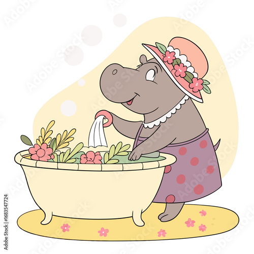 Adorable female hippopotamus having a fun laundry day, washing clothes in a bathtub filled with beautiful flowers