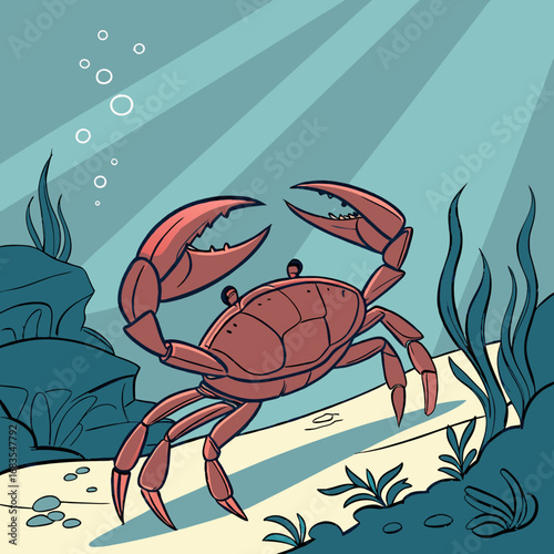 A vibrant cartoon crab stands defensively on the sandy ocean floor with sunbeams shining through the water