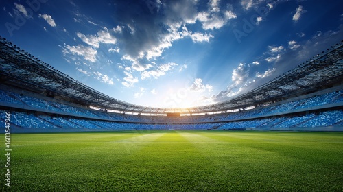 Fototapeta Naklejka Na Ścianę i Meble -  Vibrant stadium under a clear blue sky. A green field, blue seating, and expansive architecture create a captivating sporting venue.