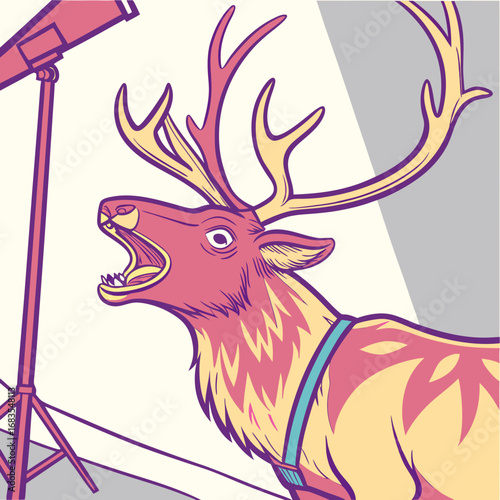 Whimsical Stag with Antlers Open Mouth, Artistic Rendering of a Majestic Cervine Creature