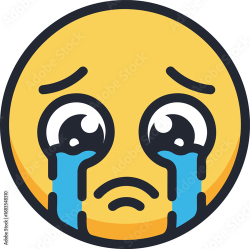 A detailed close-up reveals a pixel art emoticon, depicting a yellow face with prominent tears streaming down its cheeks.
