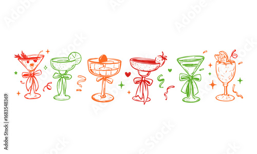  Hand-Drawn Cocktail Glasses with Ribbons and Festive Decorations Vector Illustration Set, easily editable.