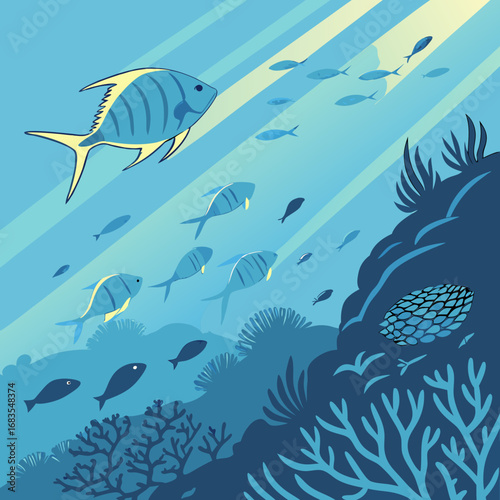 Underwater scene with a school of fish swimming near a coral reef, bathed in dappled sunlight