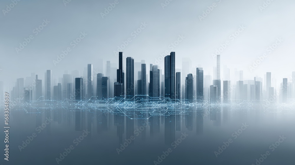 Fototapeta premium Smart Cityscape: Digital Network & Modern Architecture