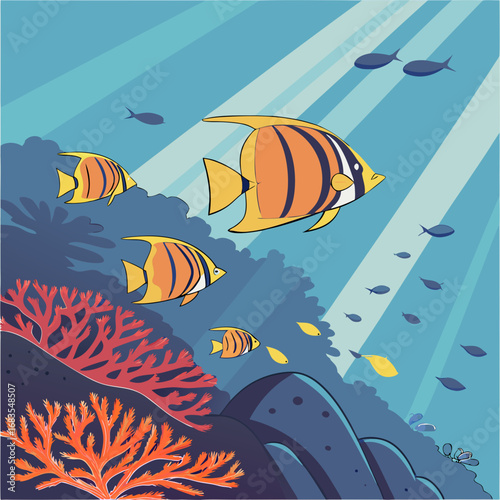 Vibrant coral reef ecosystem teeming with exotic tropical fish, gracefully swimming amidst colorful corals and rock formations, bathed in radiant sunbeams piercing through clear blue ocean depths