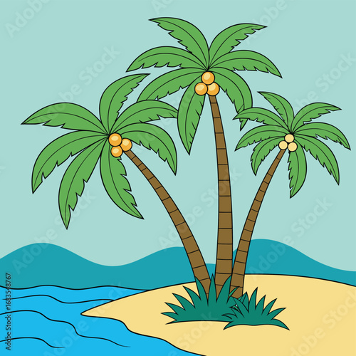 Vector art of three cartoon palm trees with coconuts on a sandy beach with blue ocean waves and a clear sky