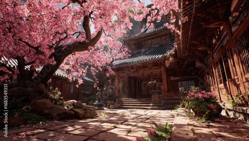 A serene, sun-drenched courtyard, filled with blossoming cherry trees, leading to a traditional Asian temple