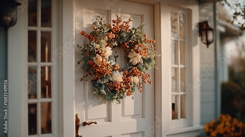 Welcoming front door with simple autumn wreath of eucalyptus, berries, door ajar. Soft interior light, empty porch, inviting atmosphere, space for text.